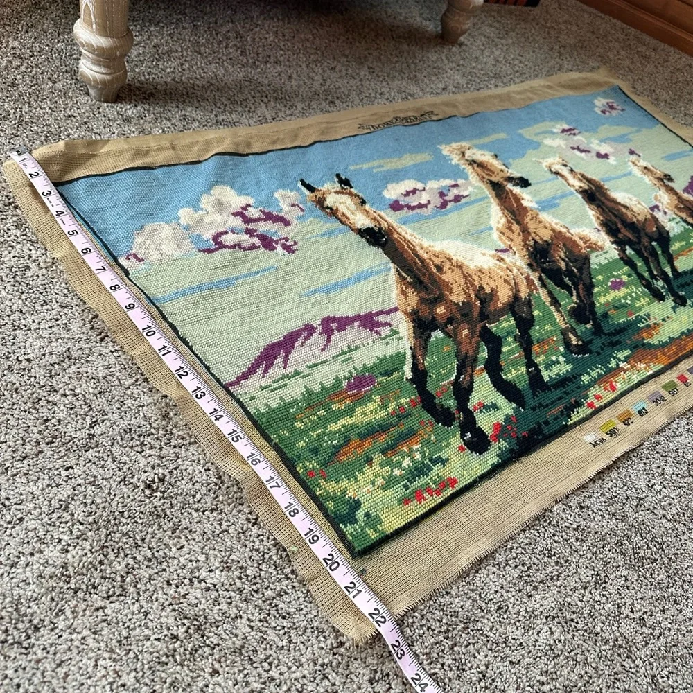 Vintage running wild horses large needlepoint tapestry 18” x 38”